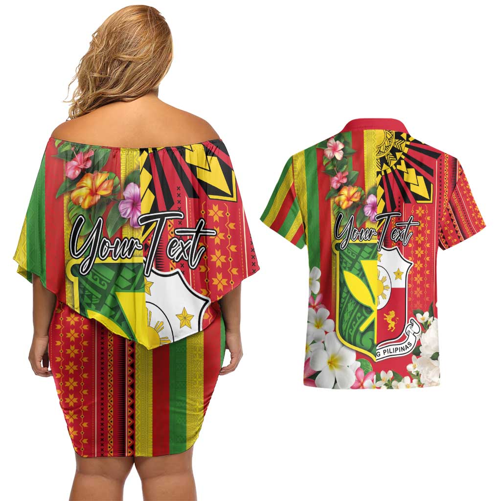 Personalised Hawaii and Philippines Together Couples Matching Off Shoulder Short Dress and Hawaiian Shirt The Emblems with Cultural Symbols Green-Yellow-Red Tricolor