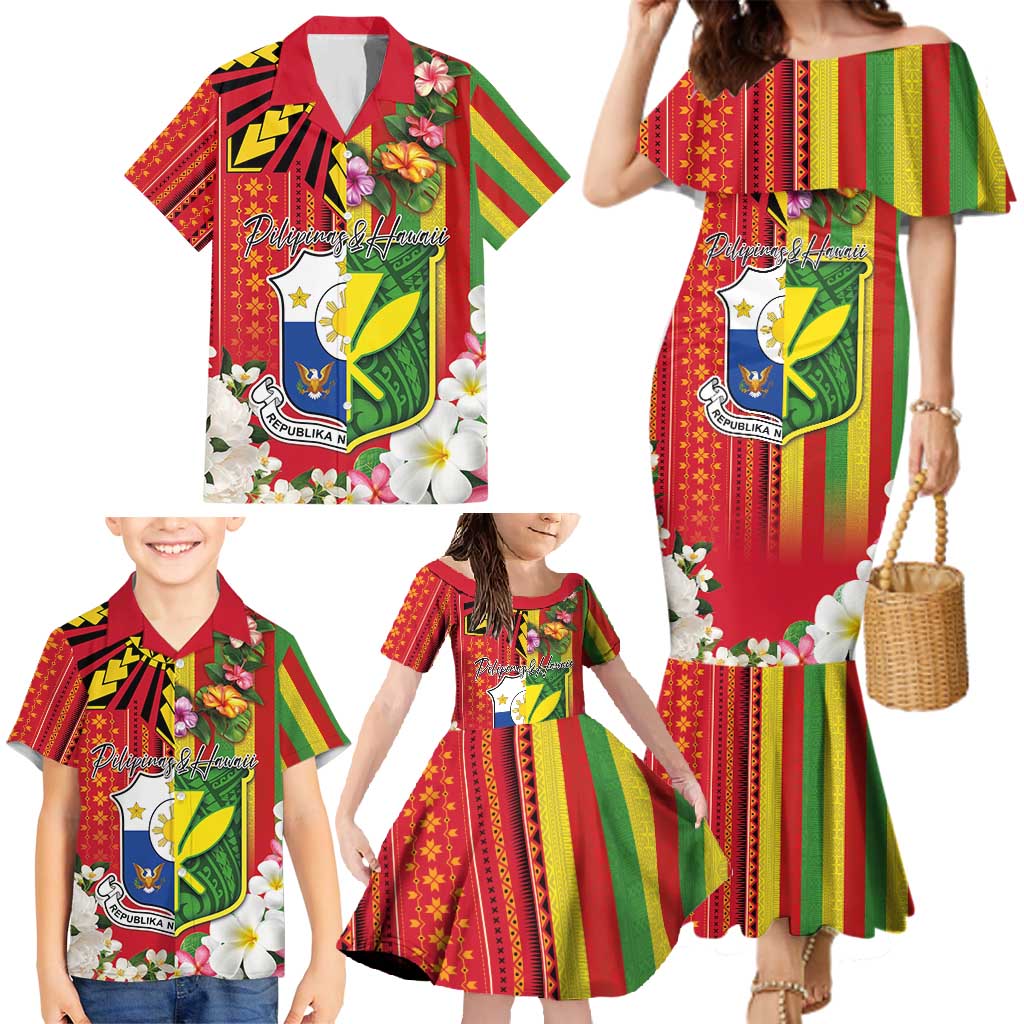 Personalised Hawaii and Philippines Together Family Matching Mermaid Dress and Hawaiian Shirt The Emblems with Cultural Symbols Green-Yellow-Red Tricolor