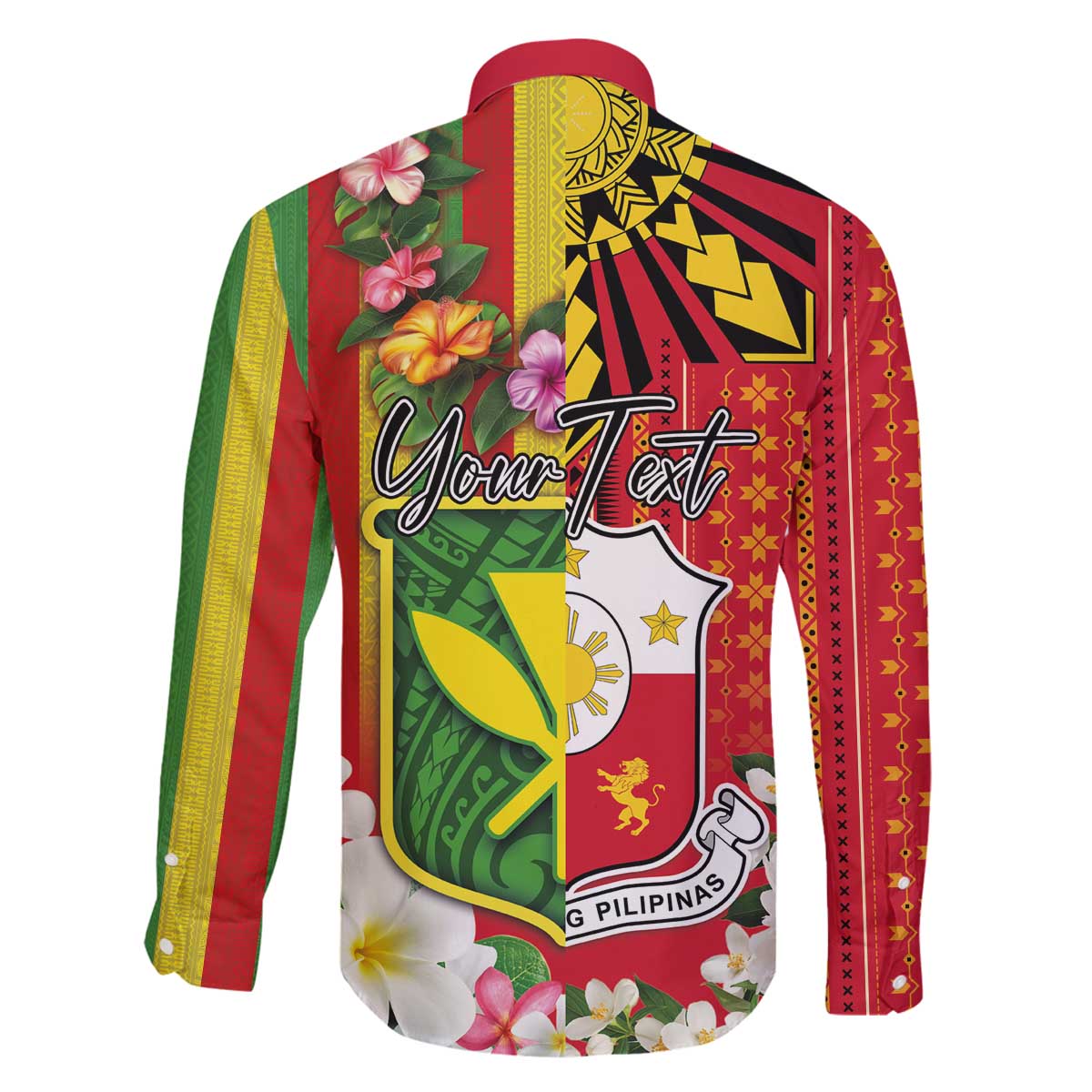 Personalised Hawaii and Philippines Together Family Matching Off The Shoulder Long Sleeve Dress and Hawaiian Shirt The Emblems with Cultural Symbols Green-Yellow-Red Tricolor