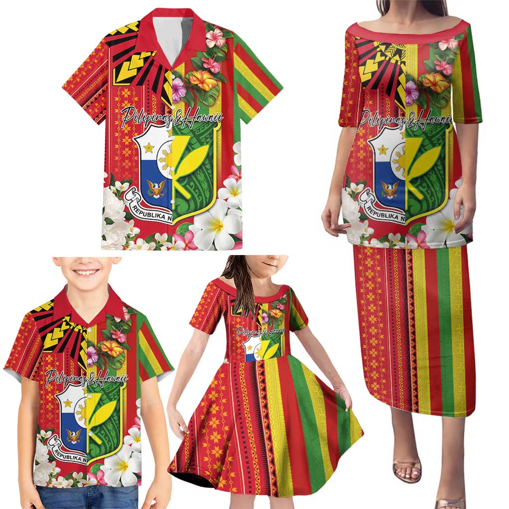 Personalised Hawaii and Philippines Together Family Matching Puletasi and Hawaiian Shirt The Emblems with Cultural Symbols Green-Yellow-Red Tricolor