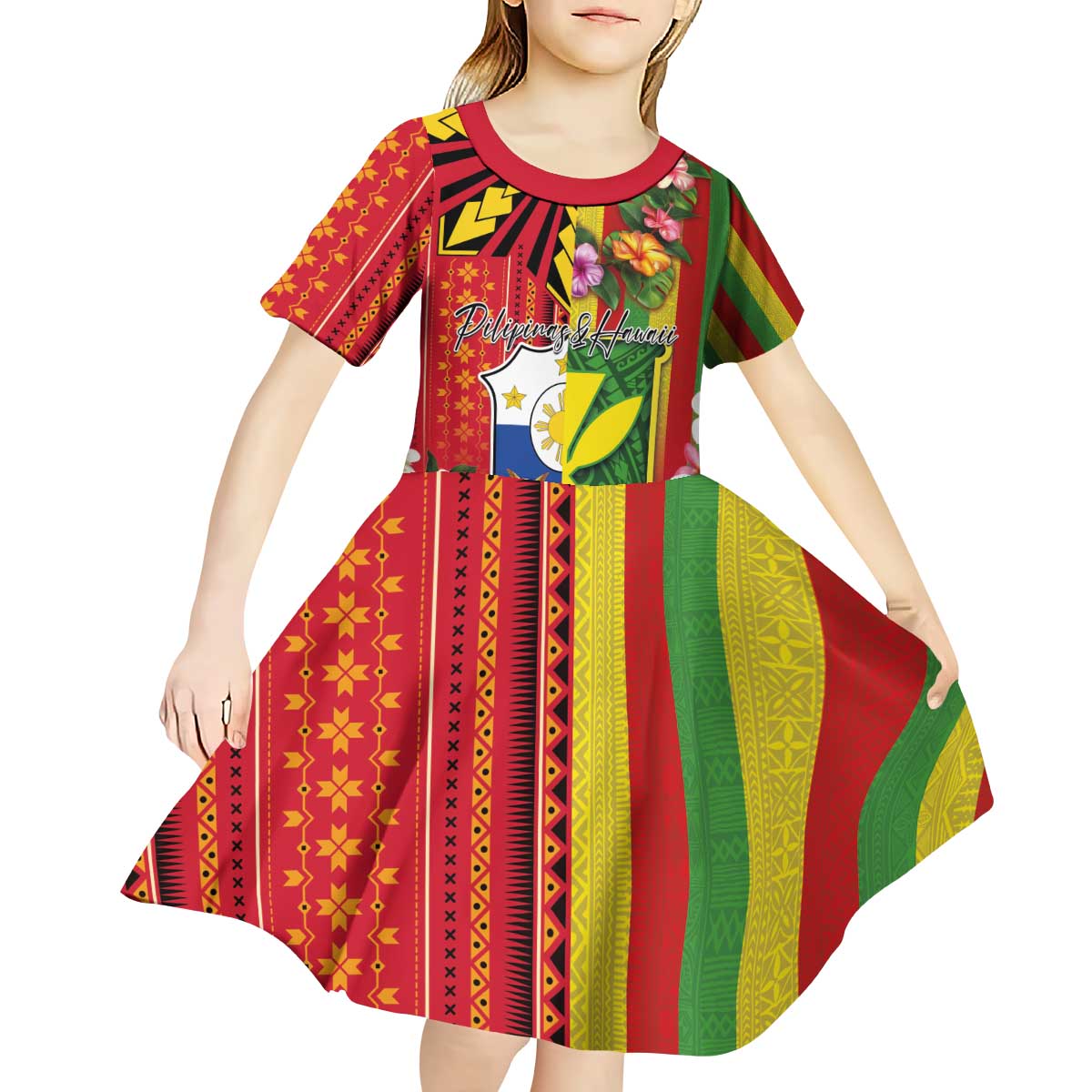 Personalised Hawaii and Philippines Together Kid Short Sleeve Dress The Emblems with Cultural Symbols Green-Yellow-Red Tricolor