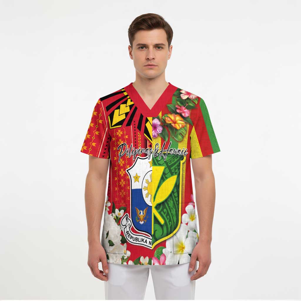 Personalised Hawaii and Philippines Together Scrub Top The Emblems with Cultural Symbols Green-Yellow-Red Tricolor - Polynesian Pride