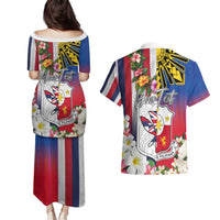 Personalised Hawaii and Philippines Together Couples Matching Puletasi and Hawaiian Shirt The Emblems with Cultural Symbols Blue-White-Red Tricolor