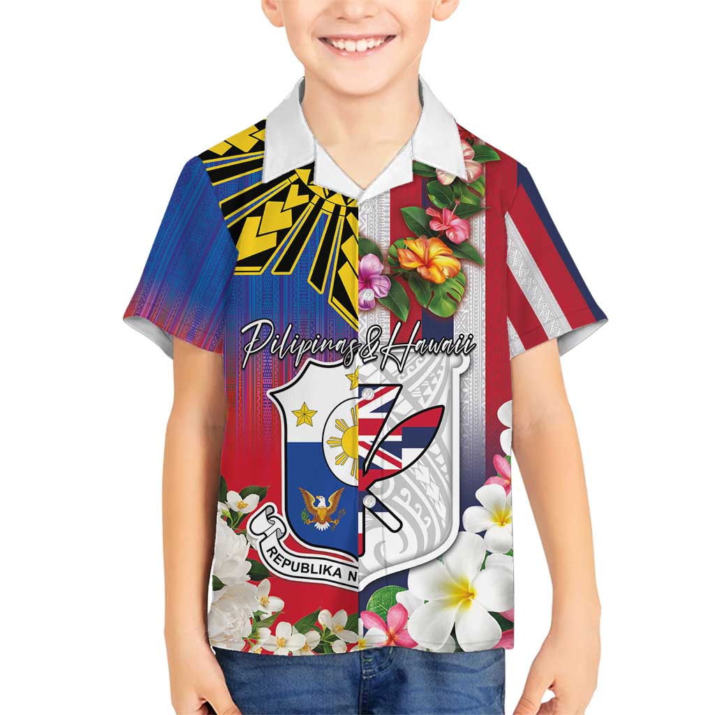 Personalised Hawaii and Philippines Together Family Matching Off Shoulder Maxi Dress and Hawaiian Shirt The Emblems with Cultural Symbols Blue-White-Red Tricolor