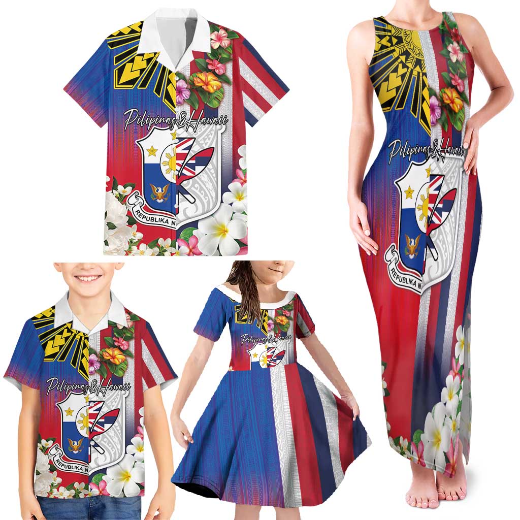 Personalised Hawaii and Philippines Together Family Matching Tank Maxi Dress and Hawaiian Shirt The Emblems with Cultural Symbols Blue-White-Red Tricolor