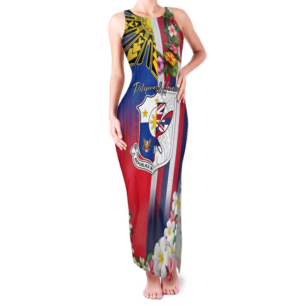 Personalised Hawaii and Philippines Together Family Matching Tank Maxi Dress and Hawaiian Shirt The Emblems with Cultural Symbols Blue-White-Red Tricolor