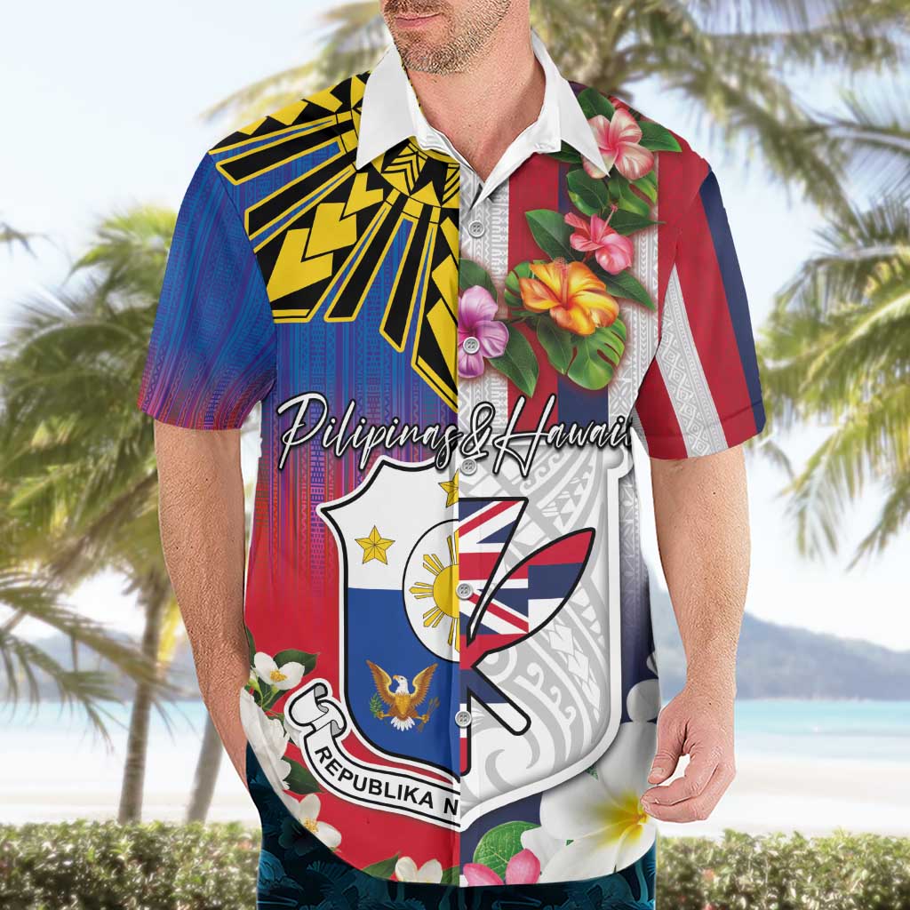 Personalised Hawaii and Philippines Together Hawaiian Shirt The Emblems with Cultural Symbols Blue-White-Red Tricolor
