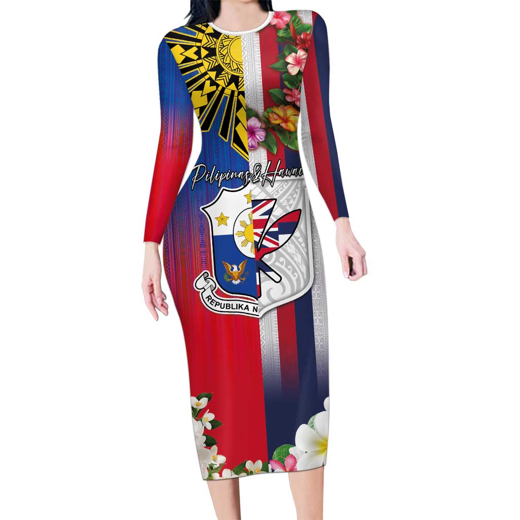 Personalised Hawaii and Philippines Together Long Sleeve Bodycon Dress The Emblems with Cultural Symbols Blue-White-Red Tricolor