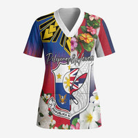 Personalised Hawaii and Philippines Together Scrub Top The Emblems with Cultural Symbols Blue-White-Red Tricolor - Polynesian Pride