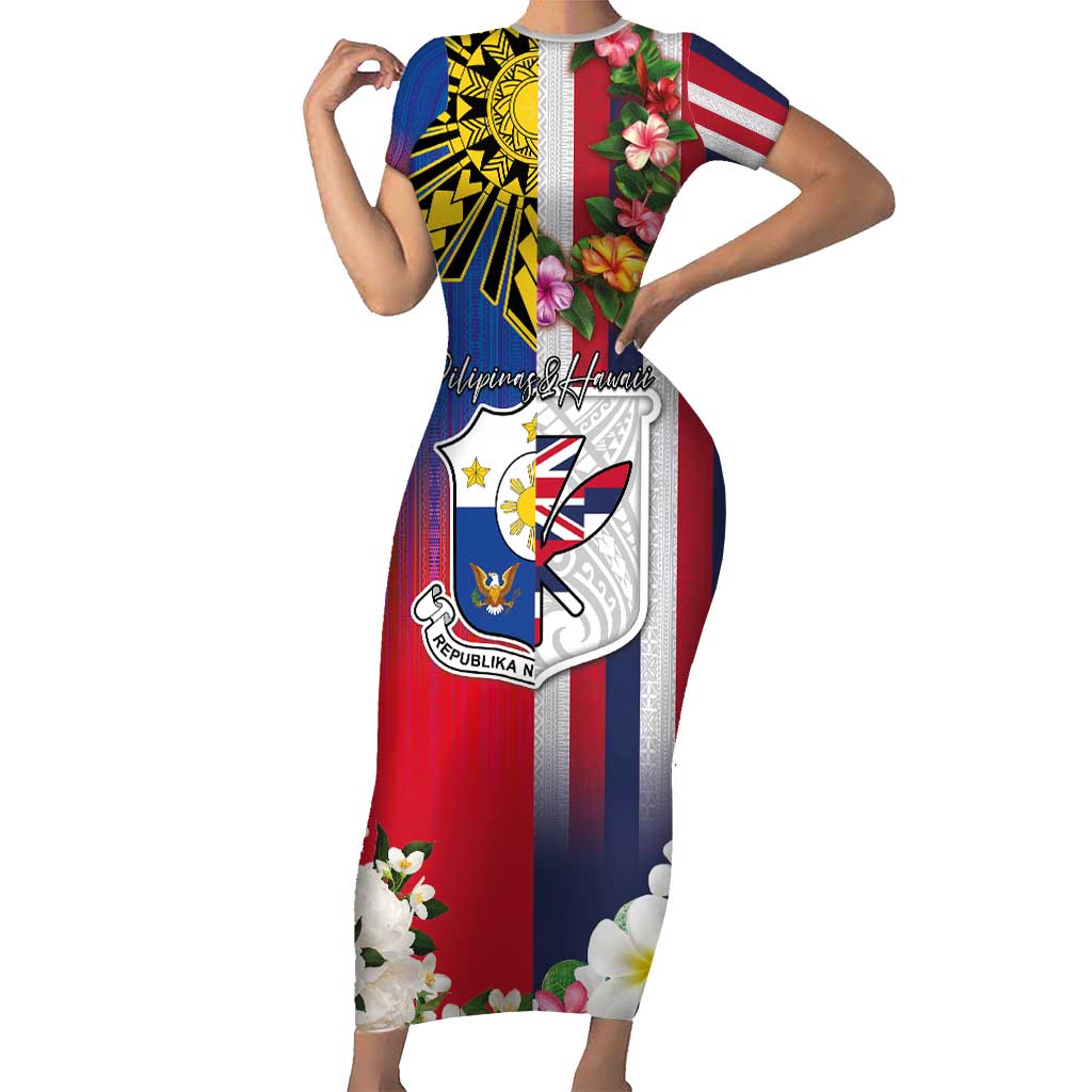 Personalised Hawaii and Philippines Together Short Sleeve Bodycon Dress The Emblems with Cultural Symbols Blue-White-Red Tricolor