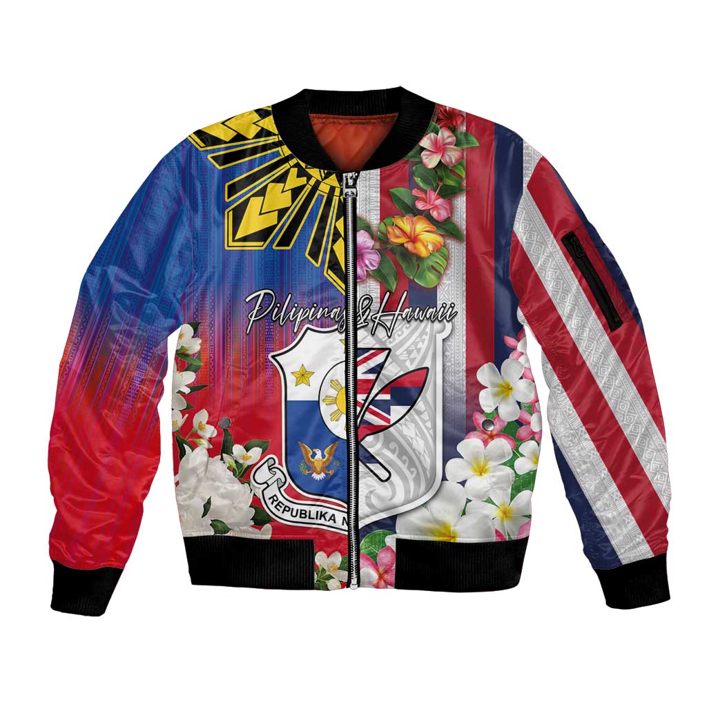 Personalised Hawaii and Philippines Together Sleeve Zip Bomber Jacket The Emblems with Cultural Symbols Blue-White-Red Tricolor