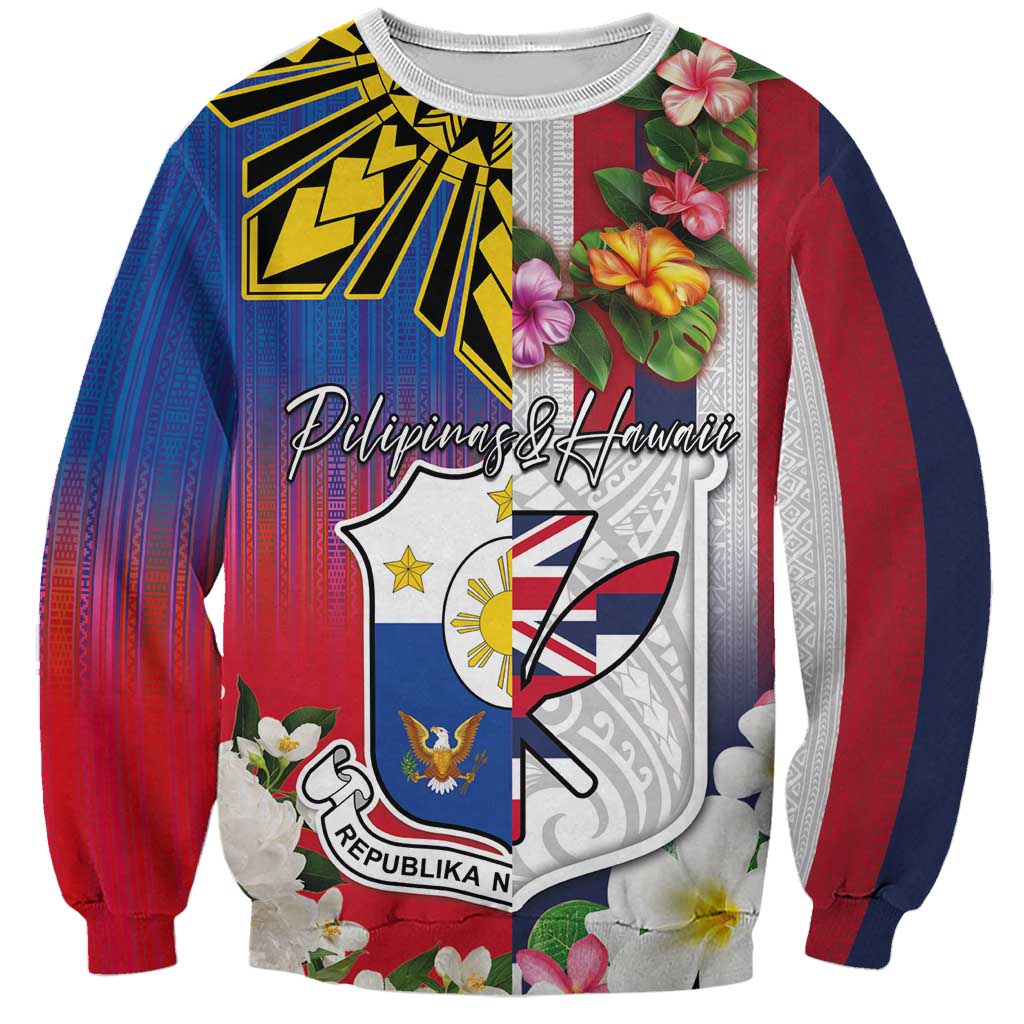 Personalised Hawaii and Philippines Together Sweatshirt The Emblems with Cultural Symbols Blue-White-Red Tricolor