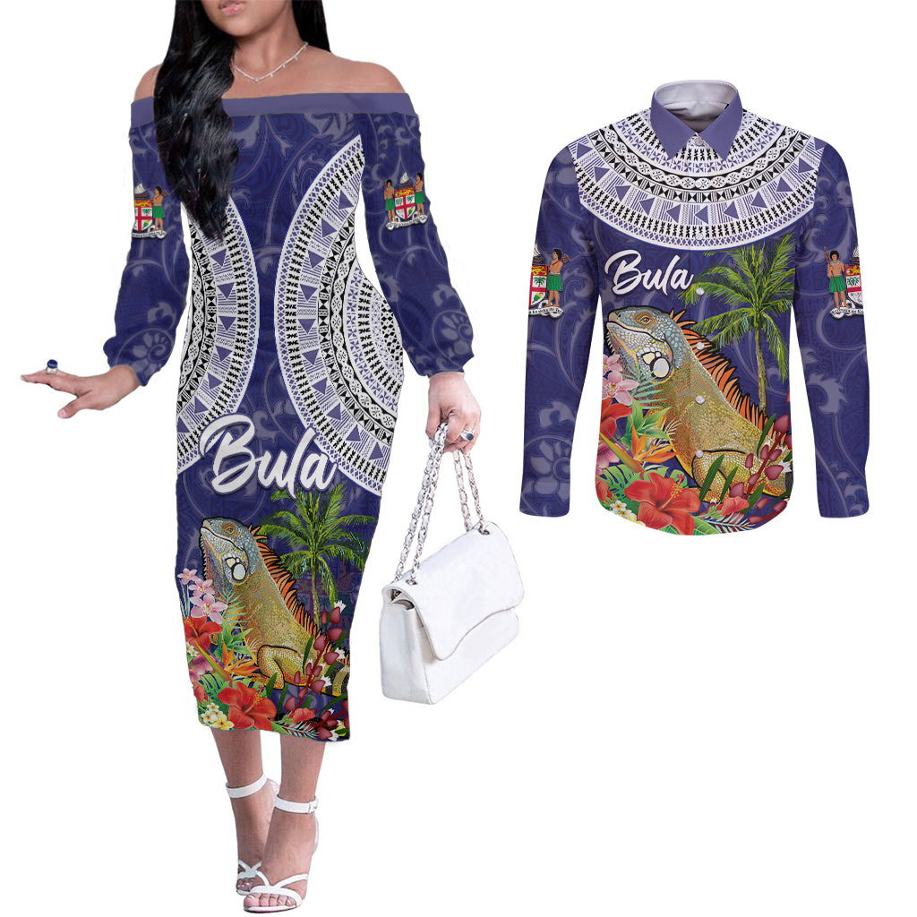 Bula Fiji Crested Iguana Couples Matching Off The Shoulder Long Sleeve Dress and Long Sleeve Button Shirt Tagimaucia Tapa Tribal Blue Color LT03 Blue - Polynesian Pride