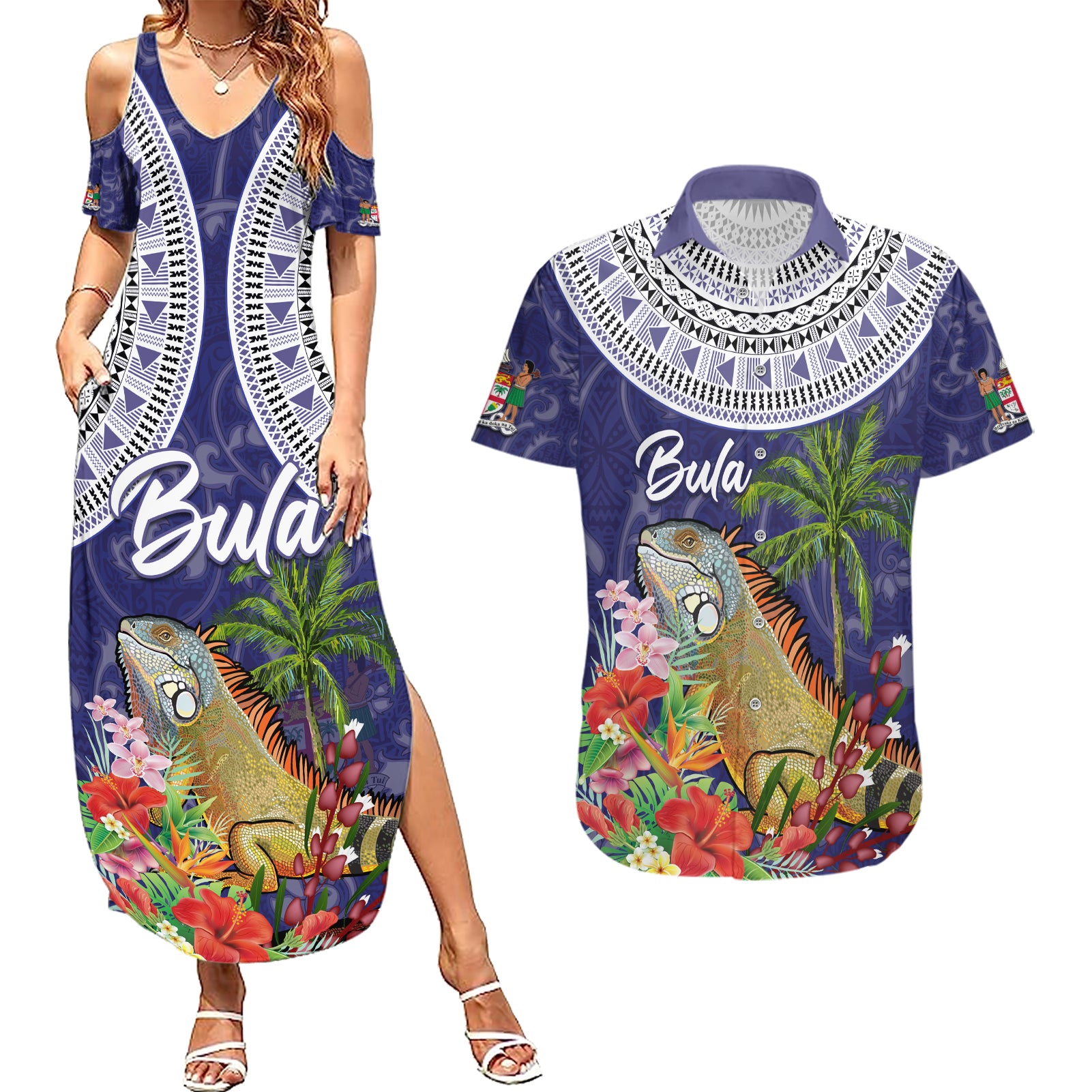 Bula Fiji Crested Iguana Couples Matching Summer Maxi Dress and Hawaiian Shirt Tagimaucia Tapa Tribal Blue Color LT03 Blue - Polynesian Pride