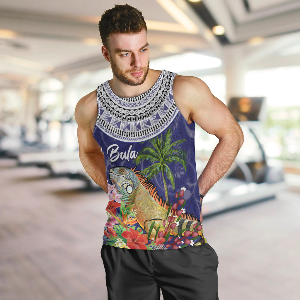 Bula Fiji Crested Iguana Men Tank Top Tagimaucia Tapa Tribal Blue Color LT03 Blue - Polynesian Pride