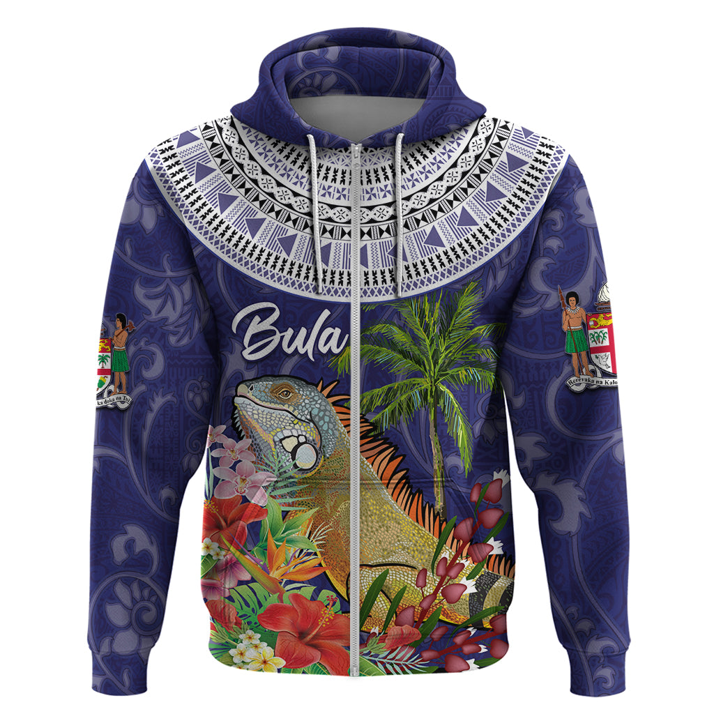 Bula Fiji Crested Iguana Zip Hoodie Tagimaucia Tapa Tribal Blue Color LT03 Zip Hoodie Blue - Polynesian Pride