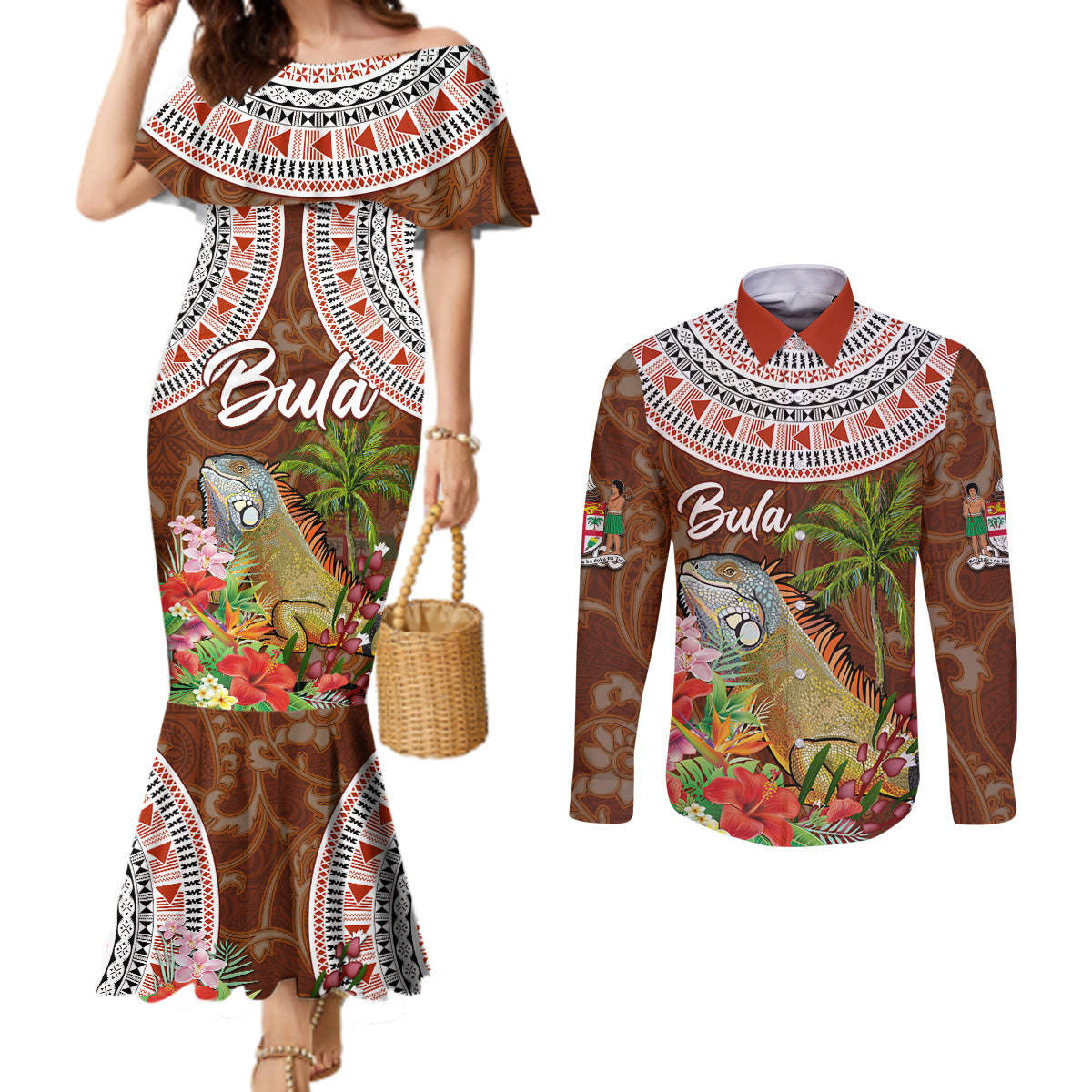 Bula Fiji Crested Iguana Couples Matching Mermaid Dress and Long Sleeve Button Shirt Tagimaucia Tapa Tribal Brown Color LT03 Brown - Polynesian Pride