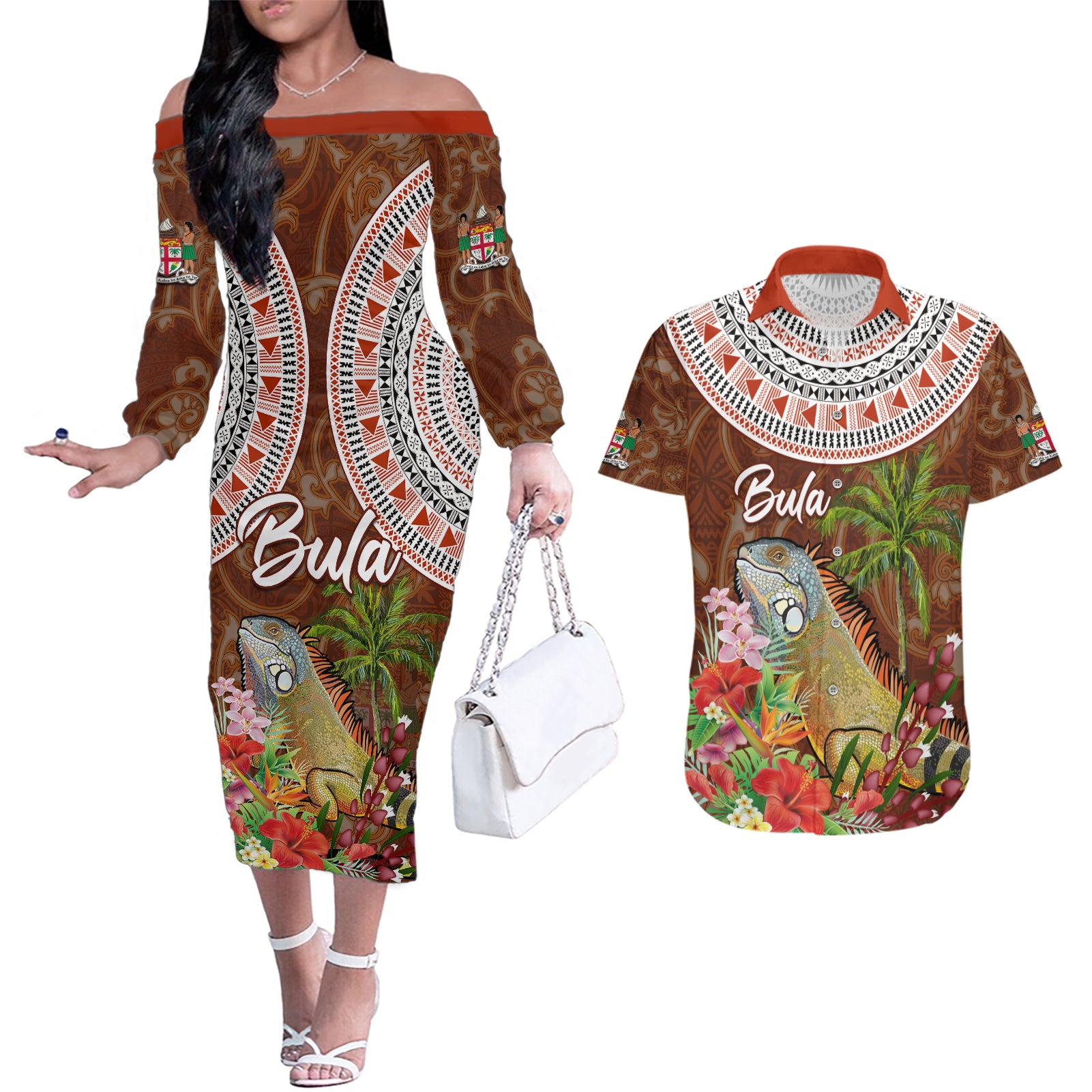 Bula Fiji Crested Iguana Couples Matching Off The Shoulder Long Sleeve Dress and Hawaiian Shirt Tagimaucia Tapa Tribal Brown Color LT03 Brown - Polynesian Pride