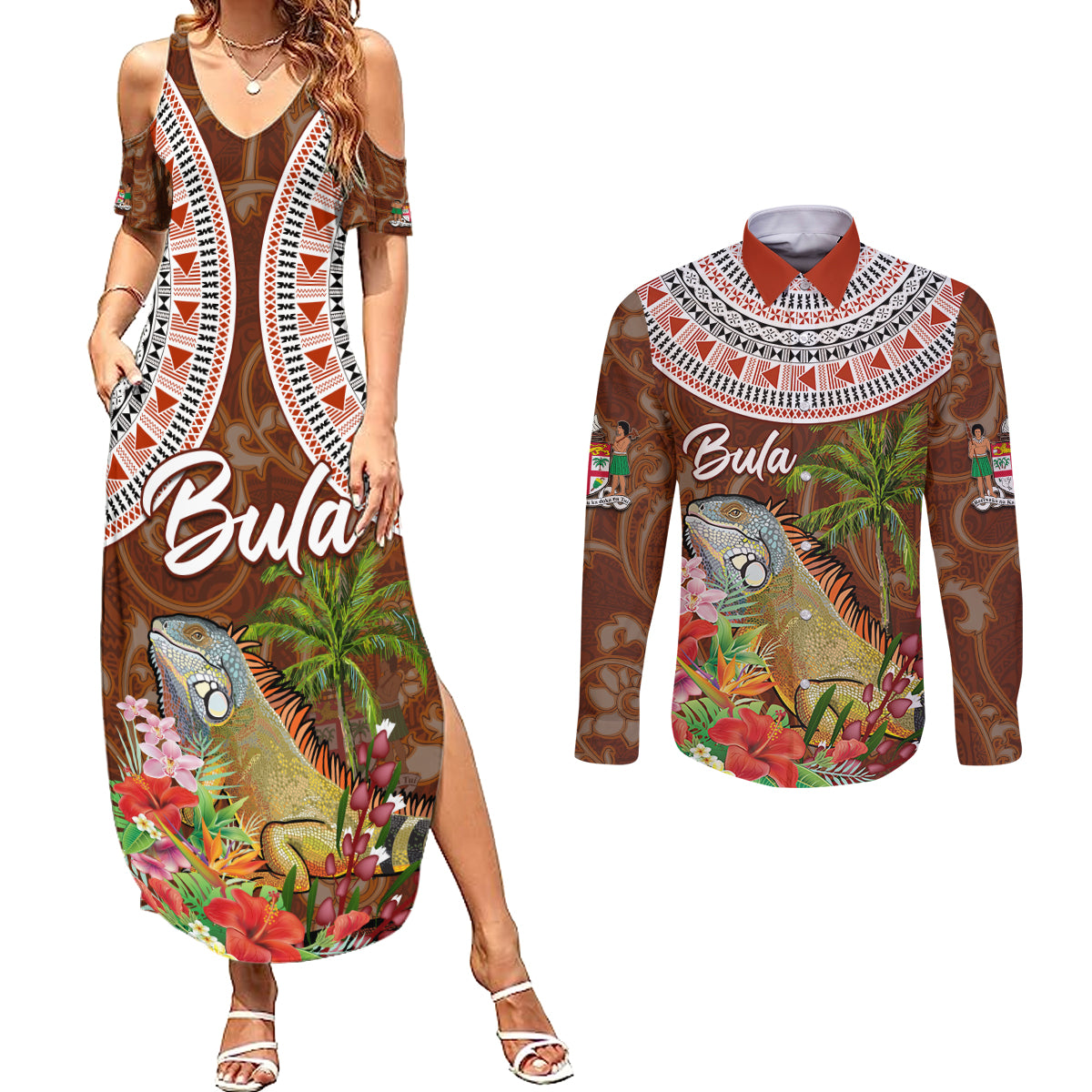 Bula Fiji Crested Iguana Couples Matching Summer Maxi Dress and Long Sleeve Button Shirt Tagimaucia Tapa Tribal Brown Color LT03 Brown - Polynesian Pride