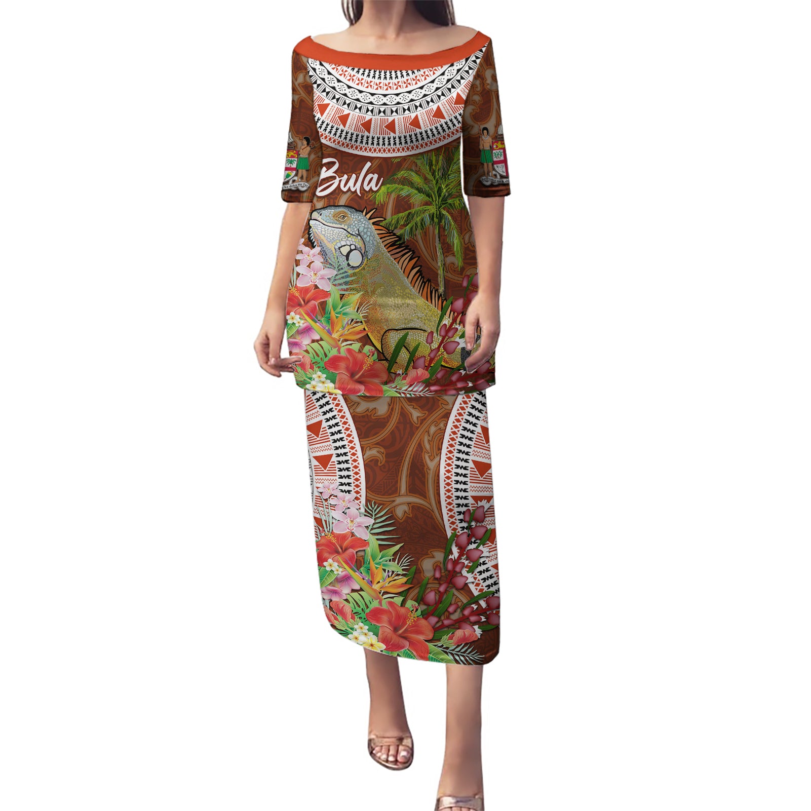 Bula Fiji Crested Iguana Puletasi Tagimaucia Tapa Tribal Brown Color LT03 Long Dress Brown - Polynesian Pride