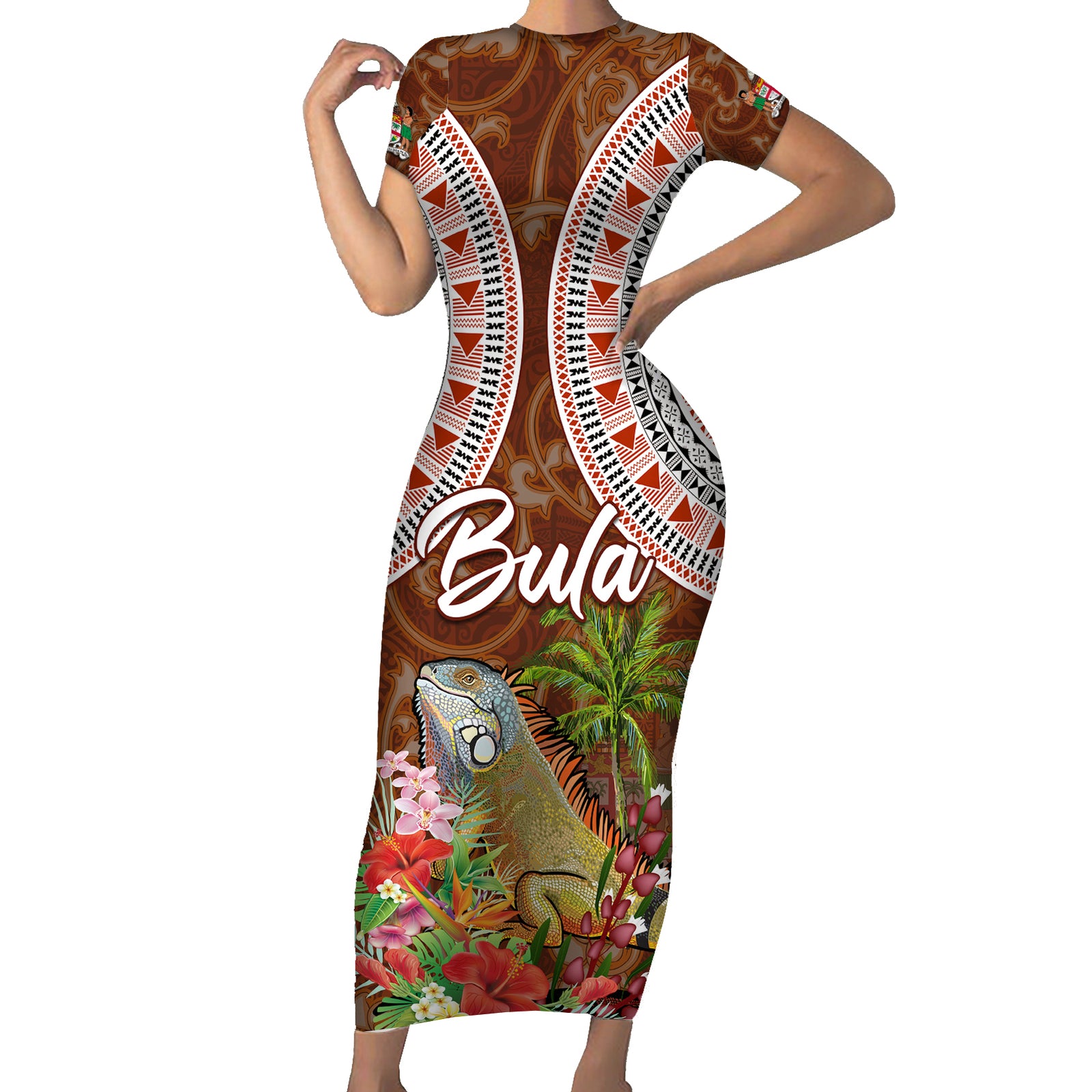 Bula Fiji Crested Iguana Short Sleeve Bodycon Dress Tagimaucia Tapa Tribal Brown Color LT03 Long Dress Brown - Polynesian Pride