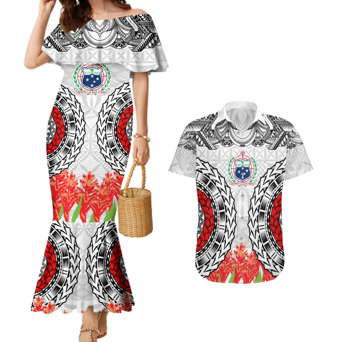 Samoa Siapo Ula Fala Couples Matching Mermaid Dress and Hawaiian Shirt With Ginger Plant White Color LT03 White - Polynesian Pride