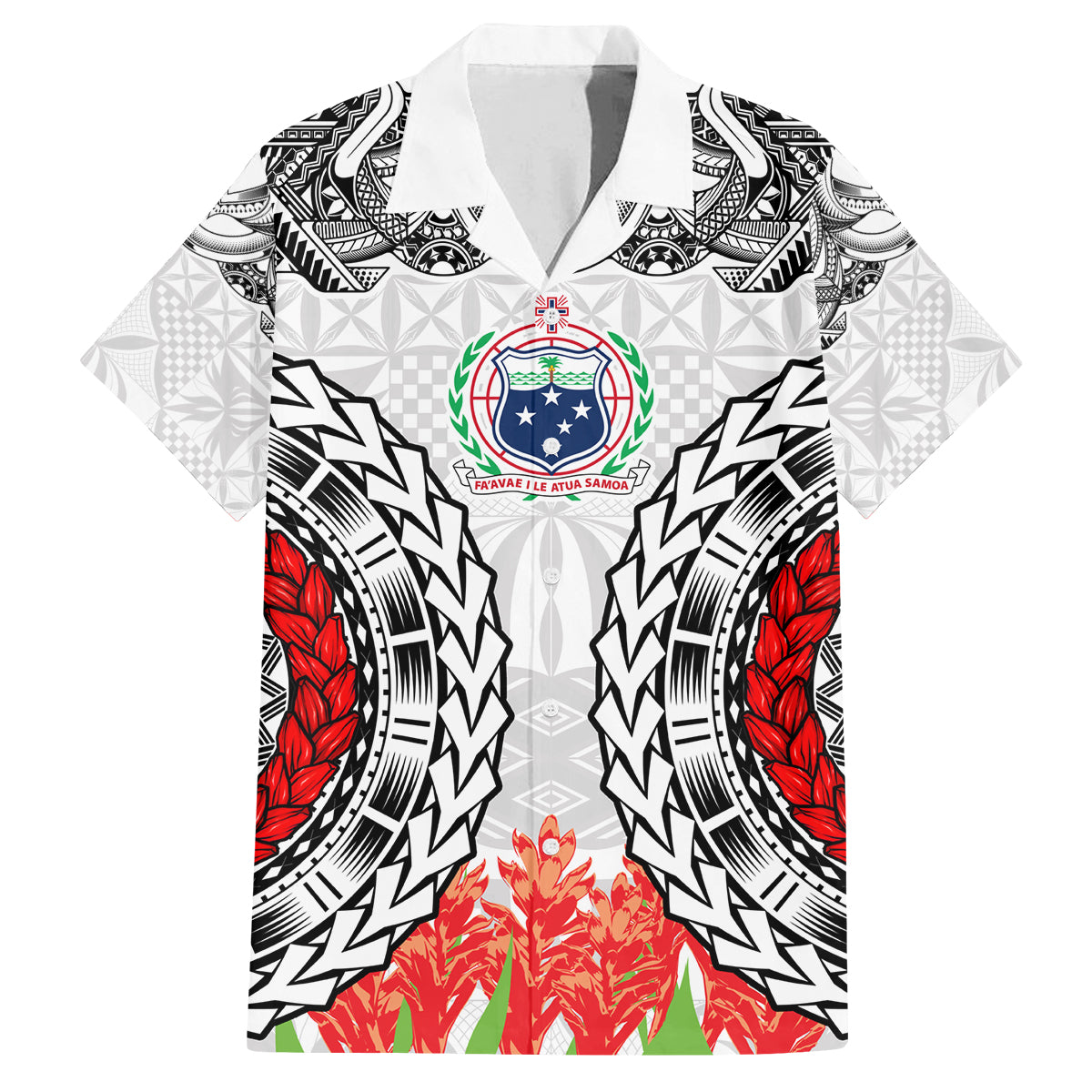 Samoa Siapo Ula Fala Family Matching Long Sleeve Bodycon Dress and Hawaiian Shirt With Ginger Plant White Color LT03 Dad's Shirt - Short Sleeve White - Polynesian Pride