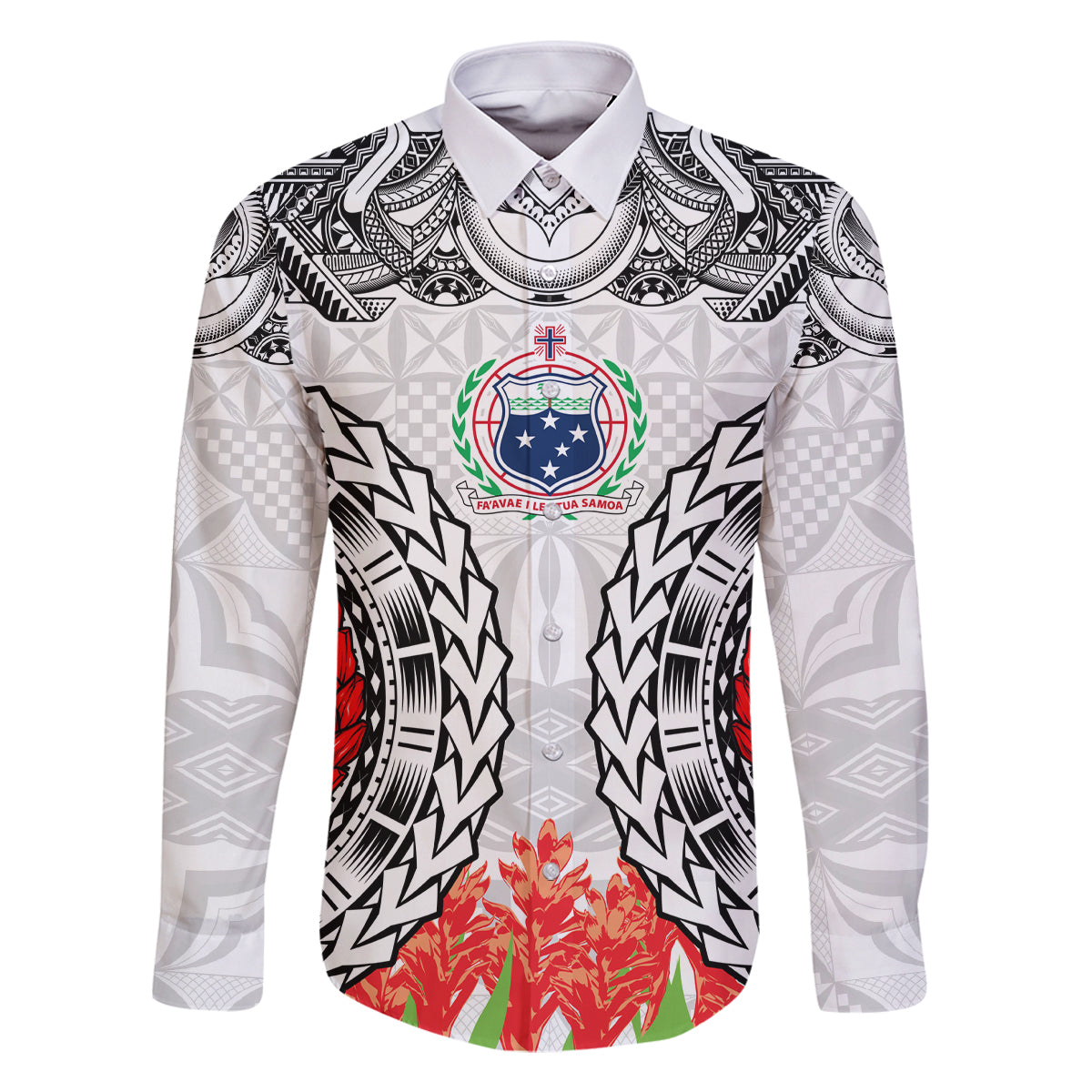 Samoa Siapo Ula Fala Family Matching Tank Maxi Dress and Hawaiian Shirt With Ginger Plant White Color LT03 Dad's Shirt - Long Sleeve White - Polynesian Pride