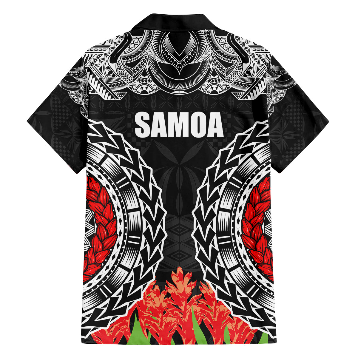 Samoa Siapo Ula Fala Family Matching Off Shoulder Short Dress and Hawaiian Shirt With Ginger Plant Black Color LT03 - Polynesian Pride