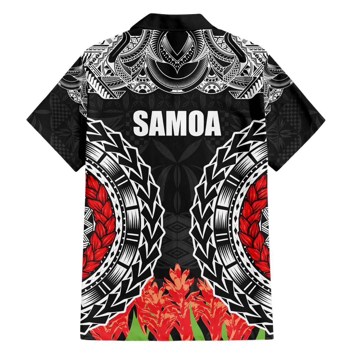 Samoa Siapo Ula Fala Family Matching Short Sleeve Bodycon Dress and Hawaiian Shirt With Ginger Plant Black Color LT03 - Polynesian Pride