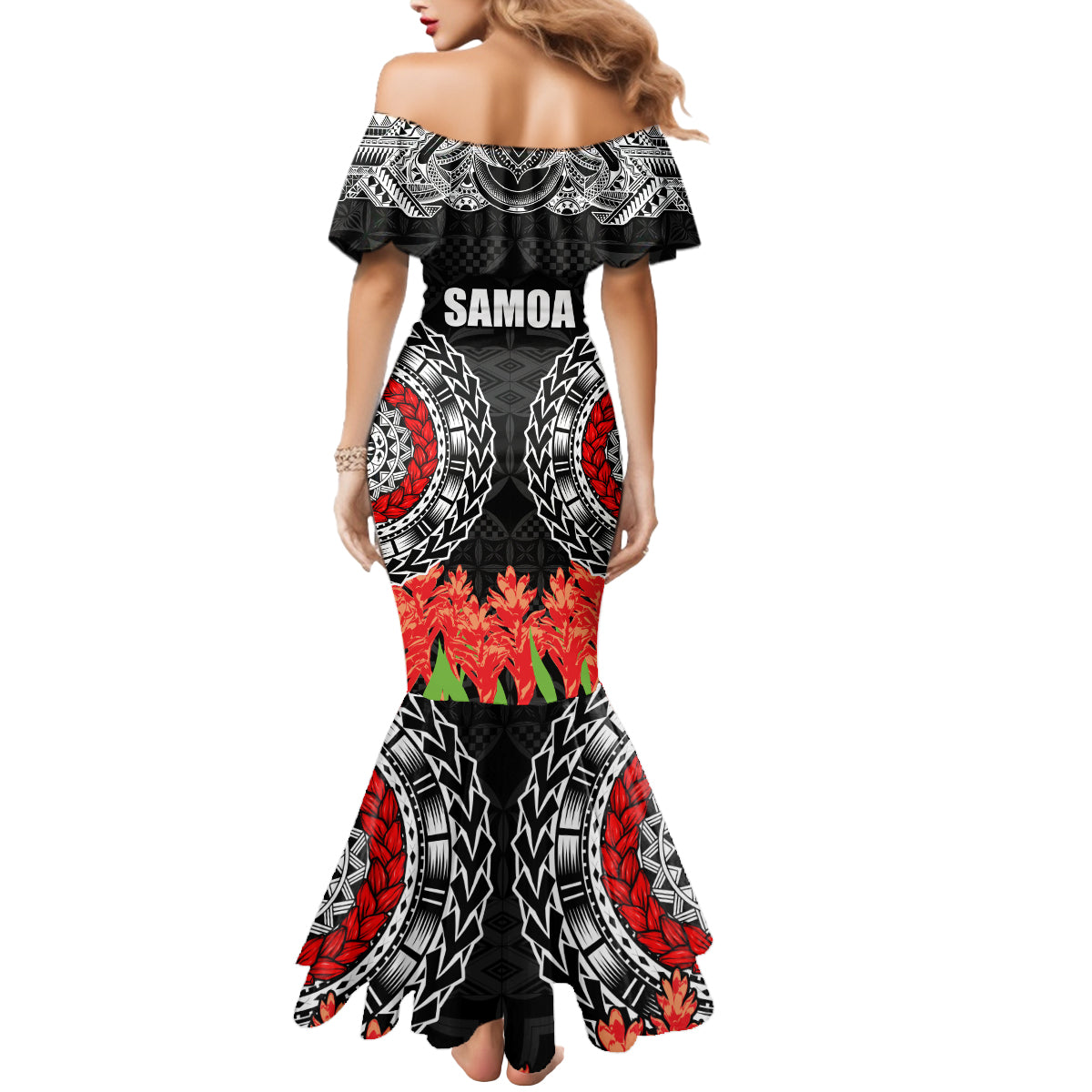 Samoa Siapo Ula Fala Mermaid Dress With Ginger Plant Black Color LT03 - Polynesian Pride
