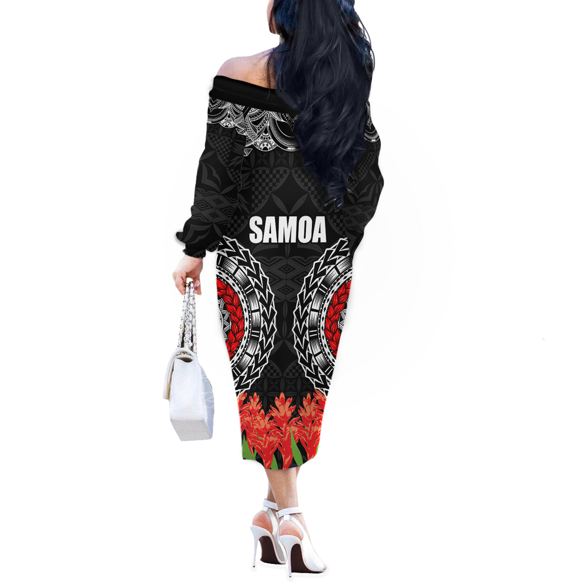 Samoa Siapo Ula Fala Off The Shoulder Long Sleeve Dress With Ginger Plant Black Color LT03 - Polynesian Pride