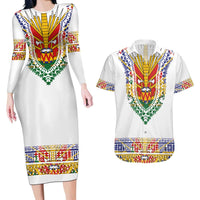 Haiti Flag Traditional Dashiki Couples Matching Long Sleeve Bodycon Dress and Hawaiian Shirt White Color - Polynesian Pride