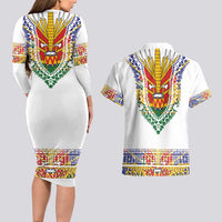 Haiti Flag Traditional Dashiki Couples Matching Long Sleeve Bodycon Dress and Hawaiian Shirt White Color - Polynesian Pride