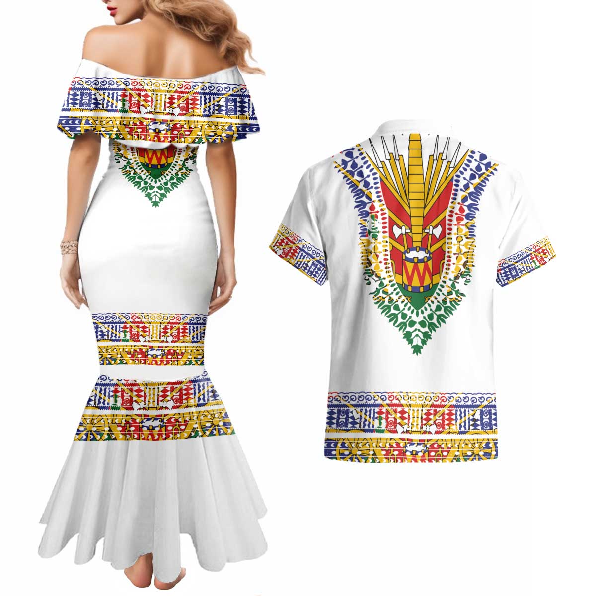 Haiti Flag Traditional Dashiki Couples Matching Mermaid Dress and Hawaiian Shirt White Color - Polynesian Pride