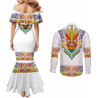 Haiti Flag Traditional Dashiki Couples Matching Mermaid Dress and Long Sleeve Button Shirt White Color LT03 - Polynesian Pride