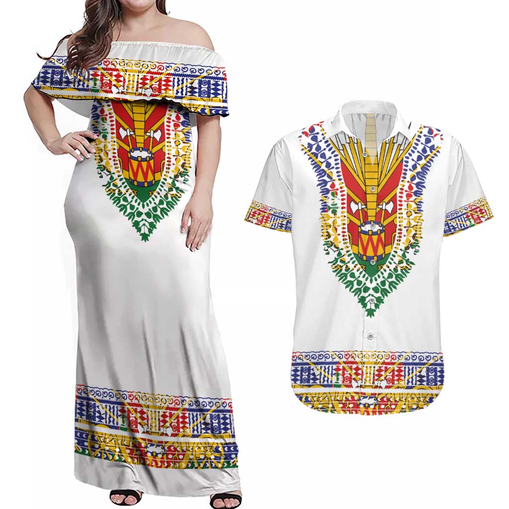 Haiti Flag Traditional Dashiki Couples Matching Off Shoulder Maxi Dress and Hawaiian Shirt White Color - Polynesian Pride