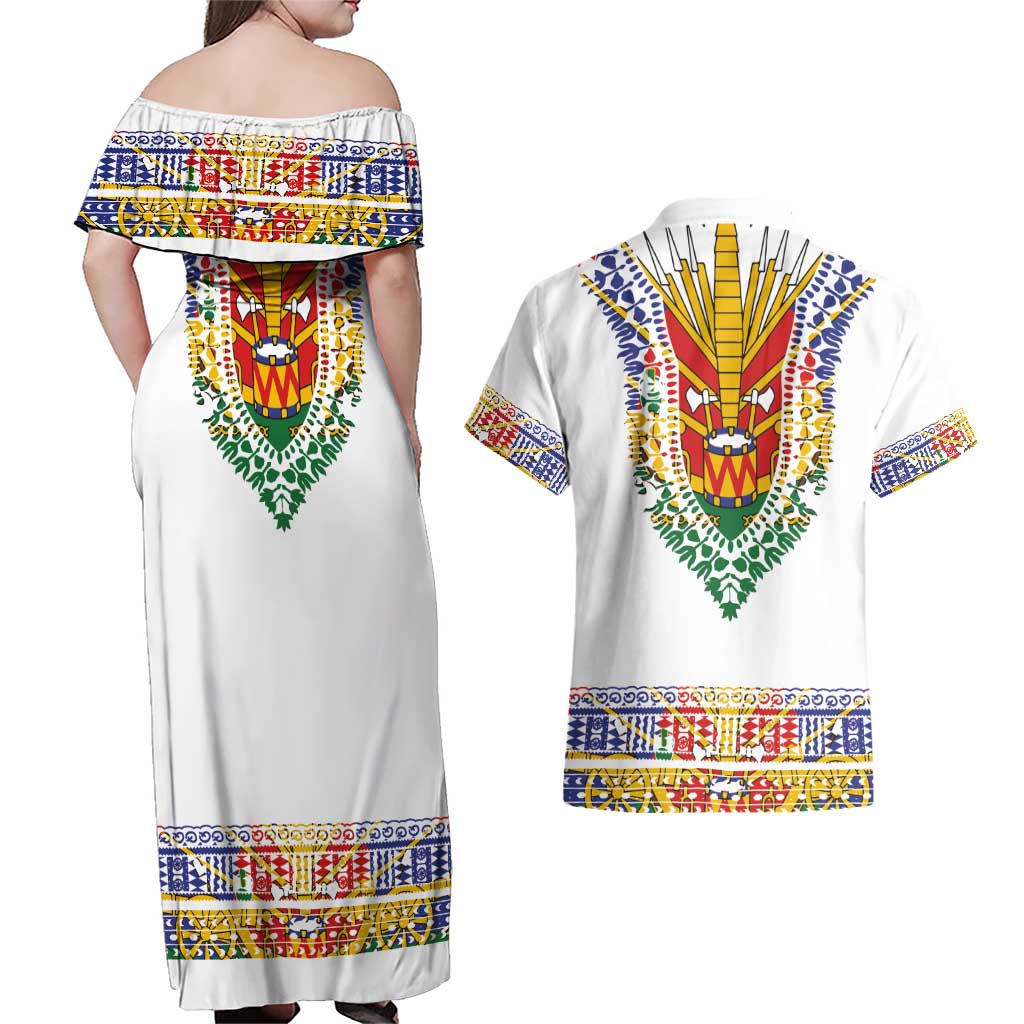 Haiti Flag Traditional Dashiki Couples Matching Off Shoulder Maxi Dress and Hawaiian Shirt White Color - Polynesian Pride
