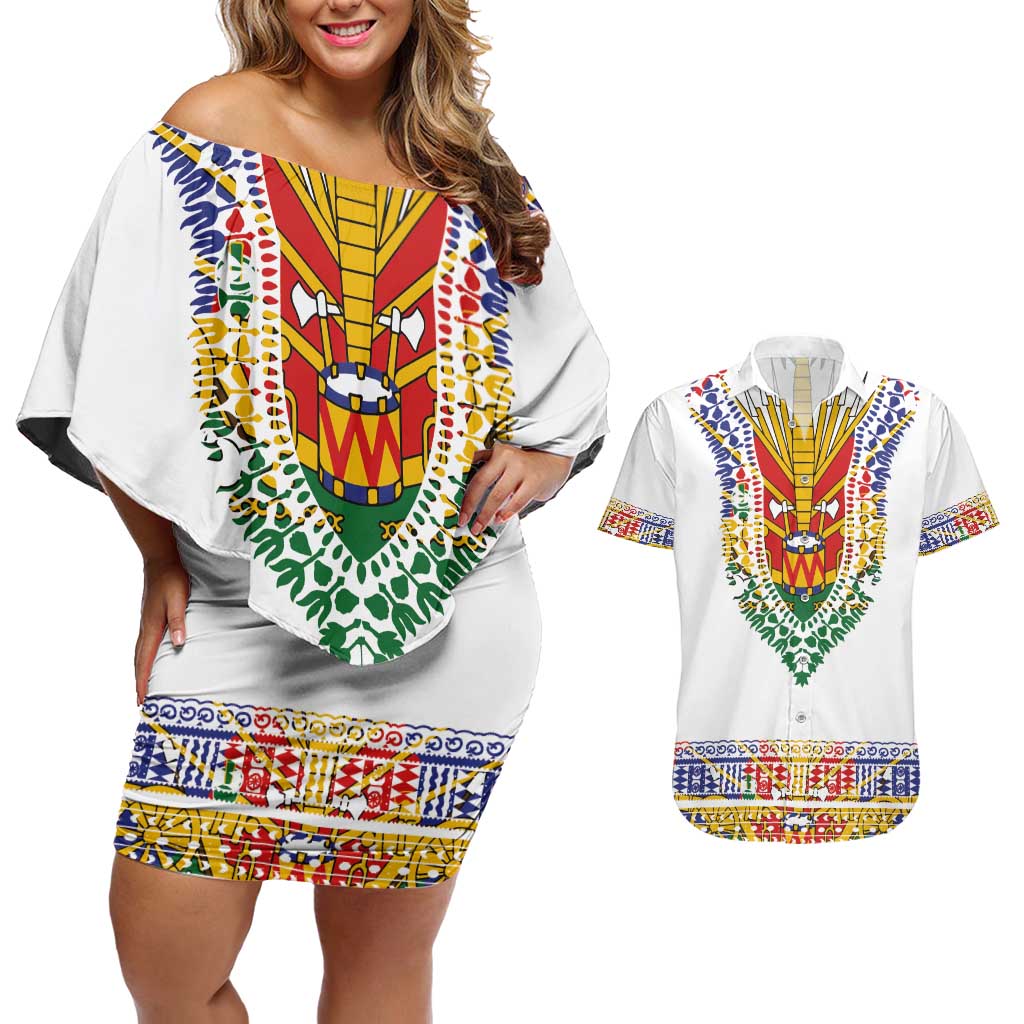 Haiti Flag Traditional Dashiki Couples Matching Off Shoulder Short Dress and Hawaiian Shirt White Color - Polynesian Pride