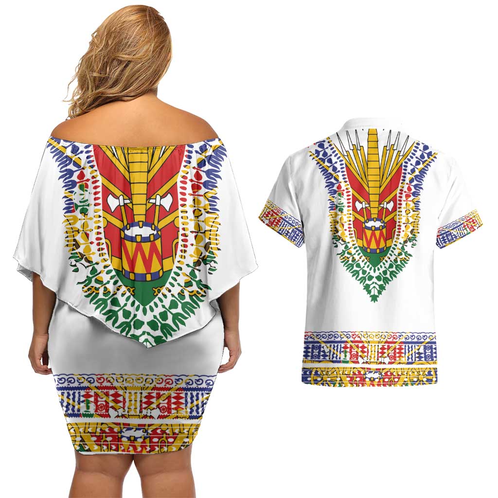 Haiti Flag Traditional Dashiki Couples Matching Off Shoulder Short Dress and Hawaiian Shirt White Color - Polynesian Pride