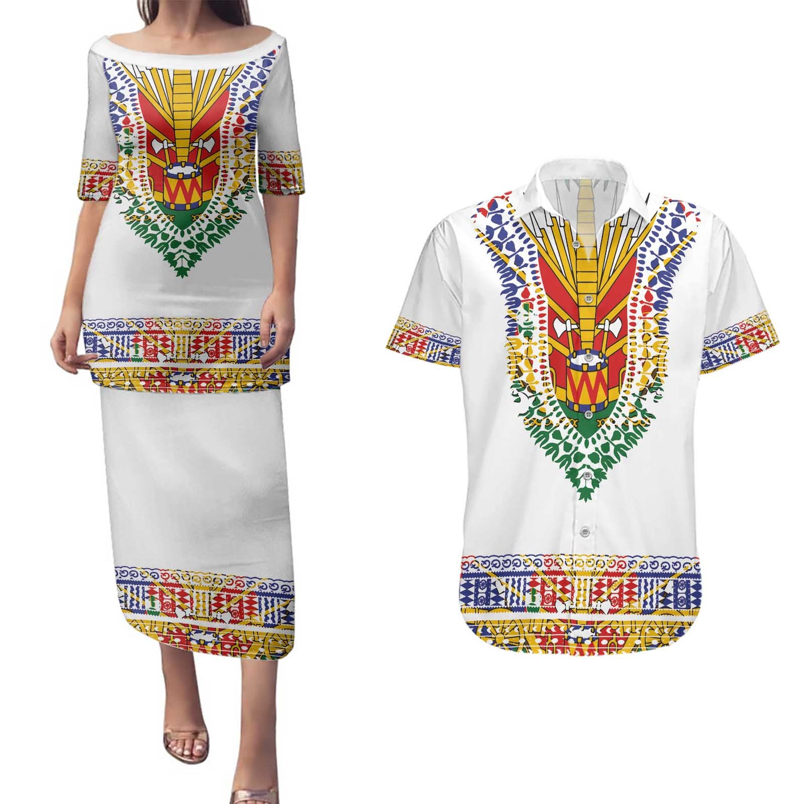 Haiti Flag Traditional Dashiki Couples Matching Puletasi and Hawaiian Shirt White Color - Polynesian Pride