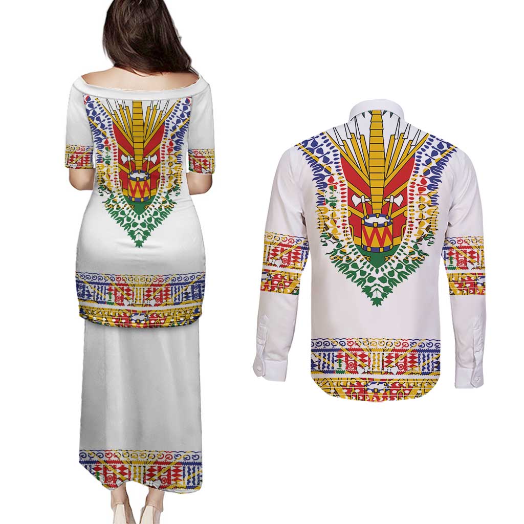Haiti Flag Traditional Dashiki Couples Matching Puletasi and Long Sleeve Button Shirt White Color - Polynesian Pride