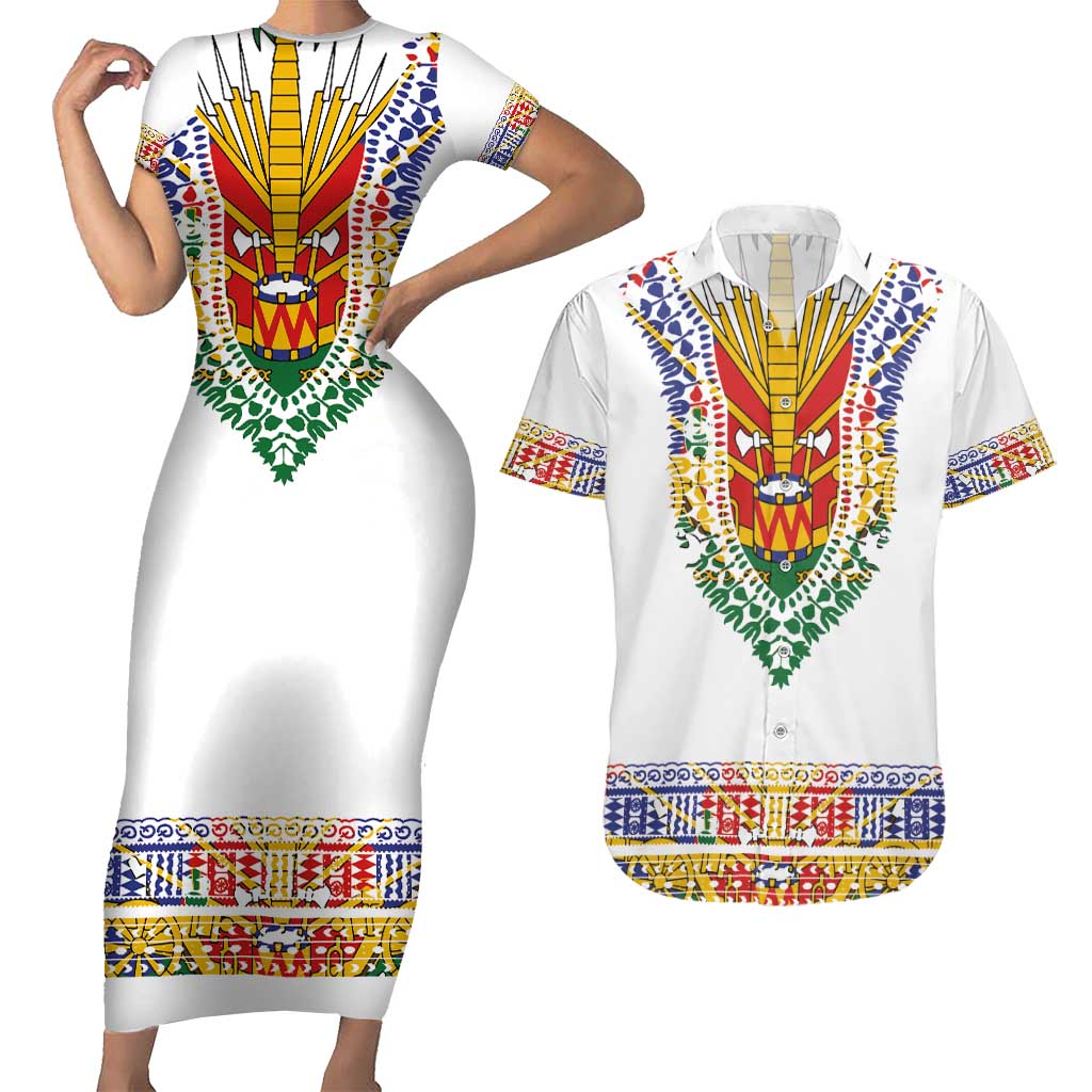 Haiti Flag Traditional Dashiki Couples Matching Short Sleeve Bodycon Dress and Hawaiian Shirt White Color - Polynesian Pride