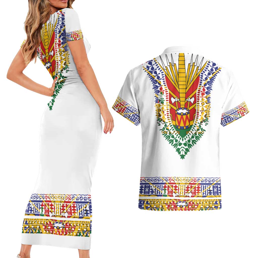Haiti Flag Traditional Dashiki Couples Matching Short Sleeve Bodycon Dress and Hawaiian Shirt White Color - Polynesian Pride