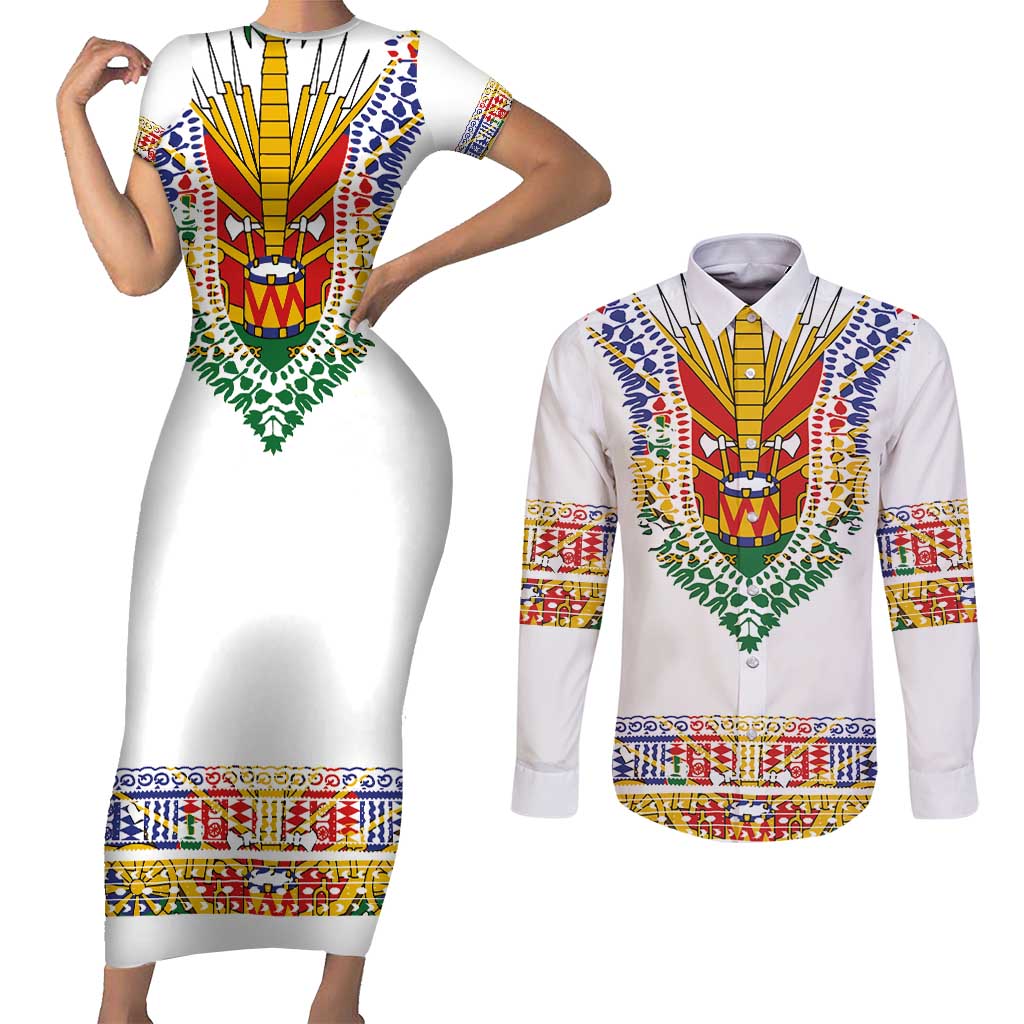 Haiti Flag Traditional Dashiki Couples Matching Short Sleeve Bodycon Dress and Long Sleeve Button Shirt White Color - Polynesian Pride