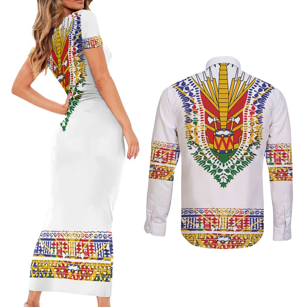 Haiti Flag Traditional Dashiki Couples Matching Short Sleeve Bodycon Dress and Long Sleeve Button Shirt White Color - Polynesian Pride