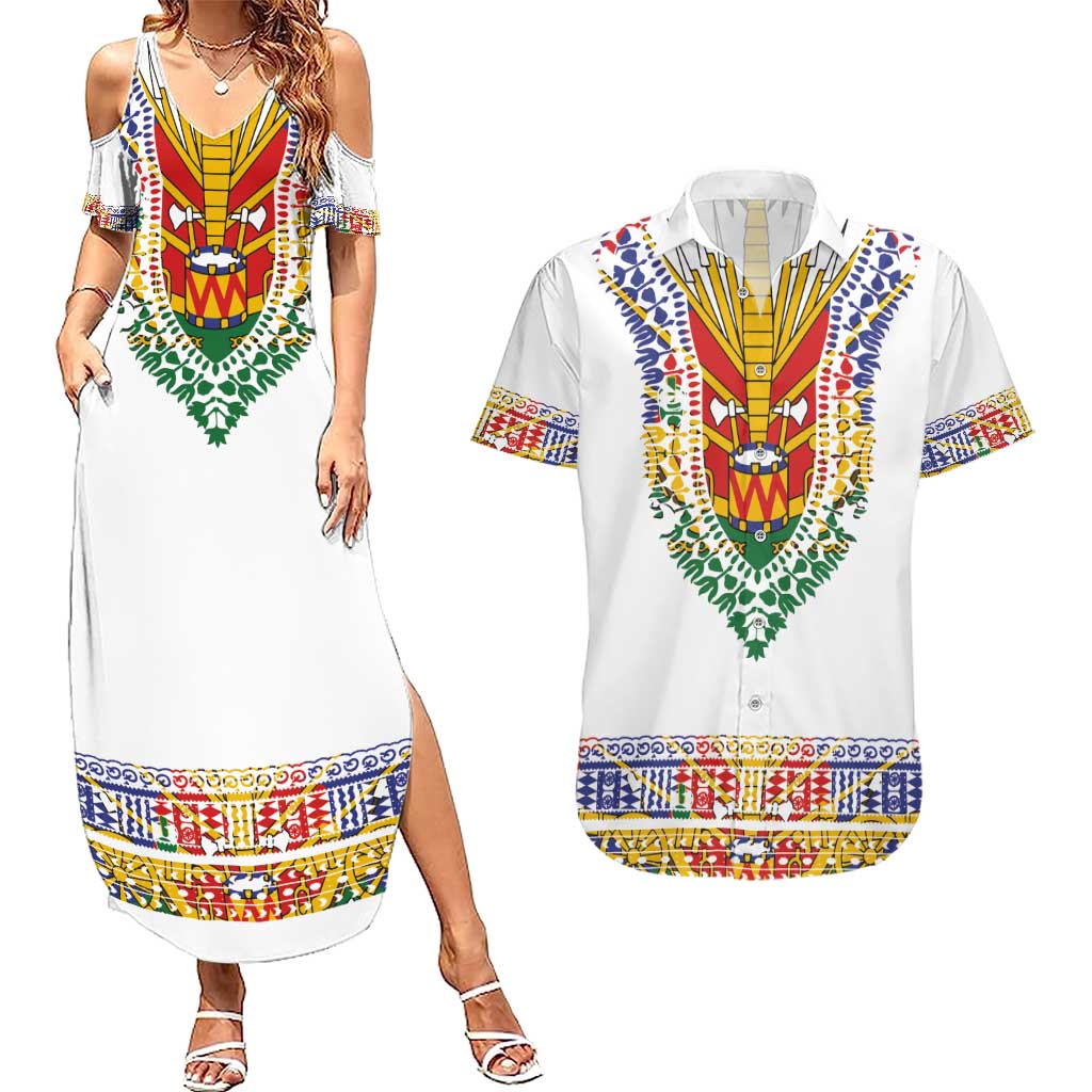 Haiti Flag Traditional Dashiki Couples Matching Summer Maxi Dress and Hawaiian Shirt White Color - Polynesian Pride