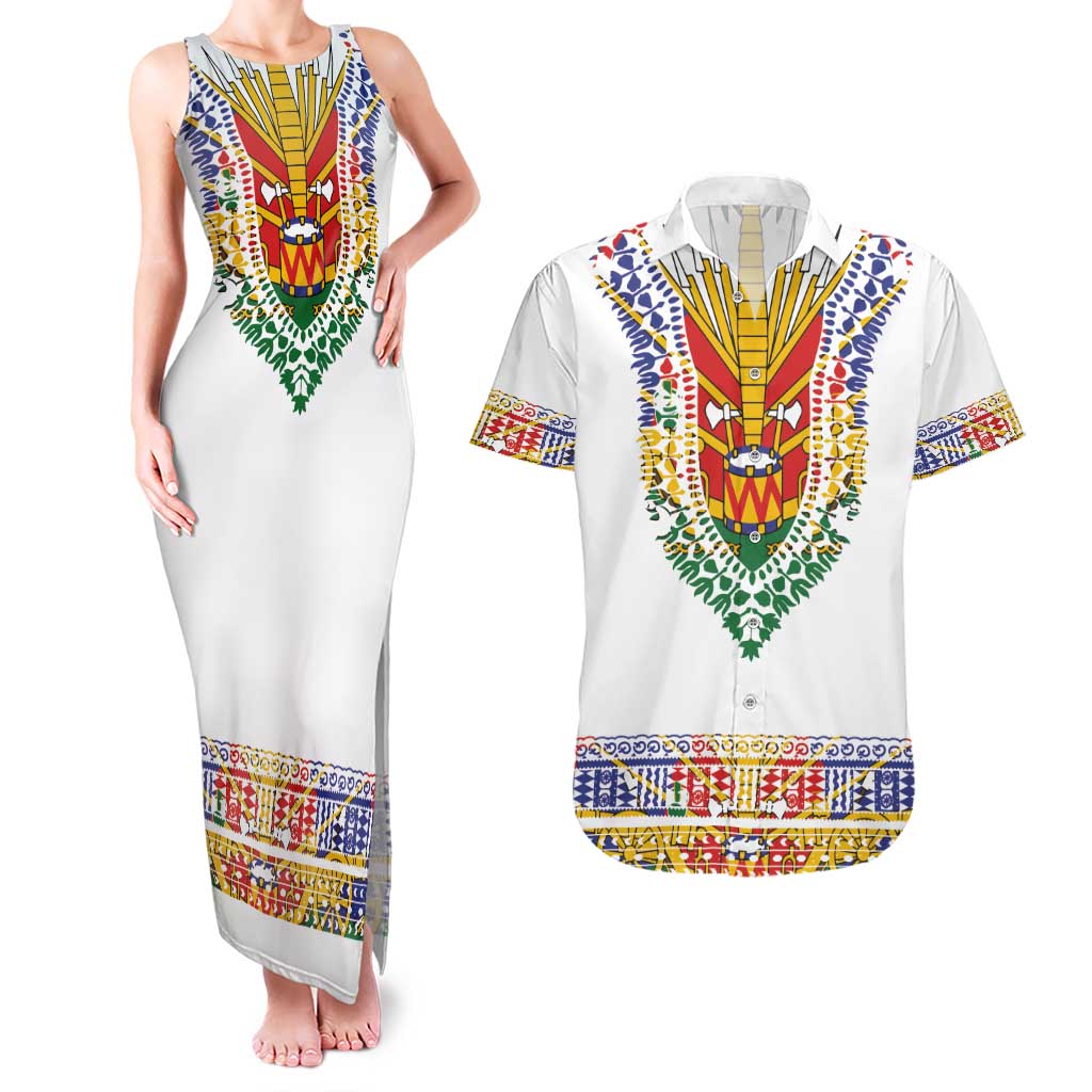 Haiti Flag Traditional Dashiki Couples Matching Tank Maxi Dress and Hawaiian Shirt White Color - Polynesian Pride