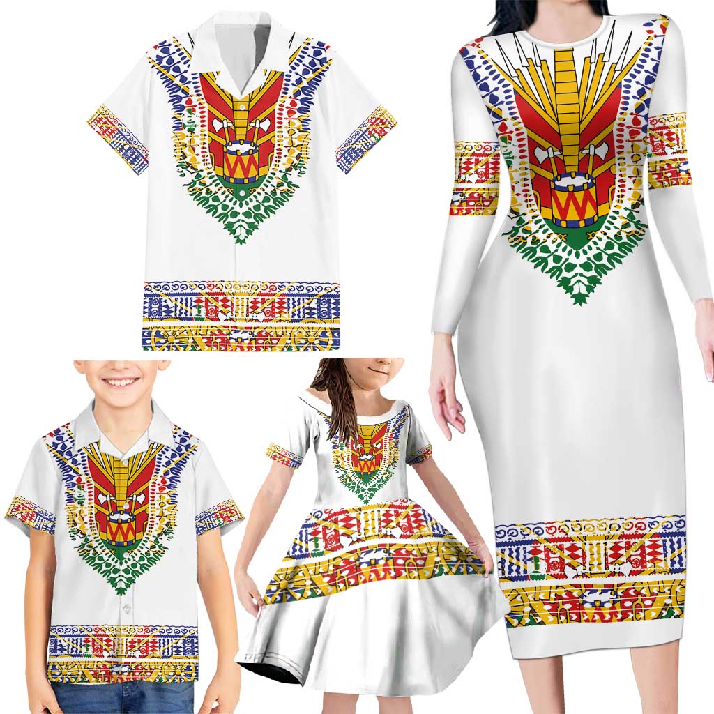 Haiti Flag Traditional Dashiki Family Matching Long Sleeve Bodycon Dress and Hawaiian Shirt White Color - Polynesian Pride