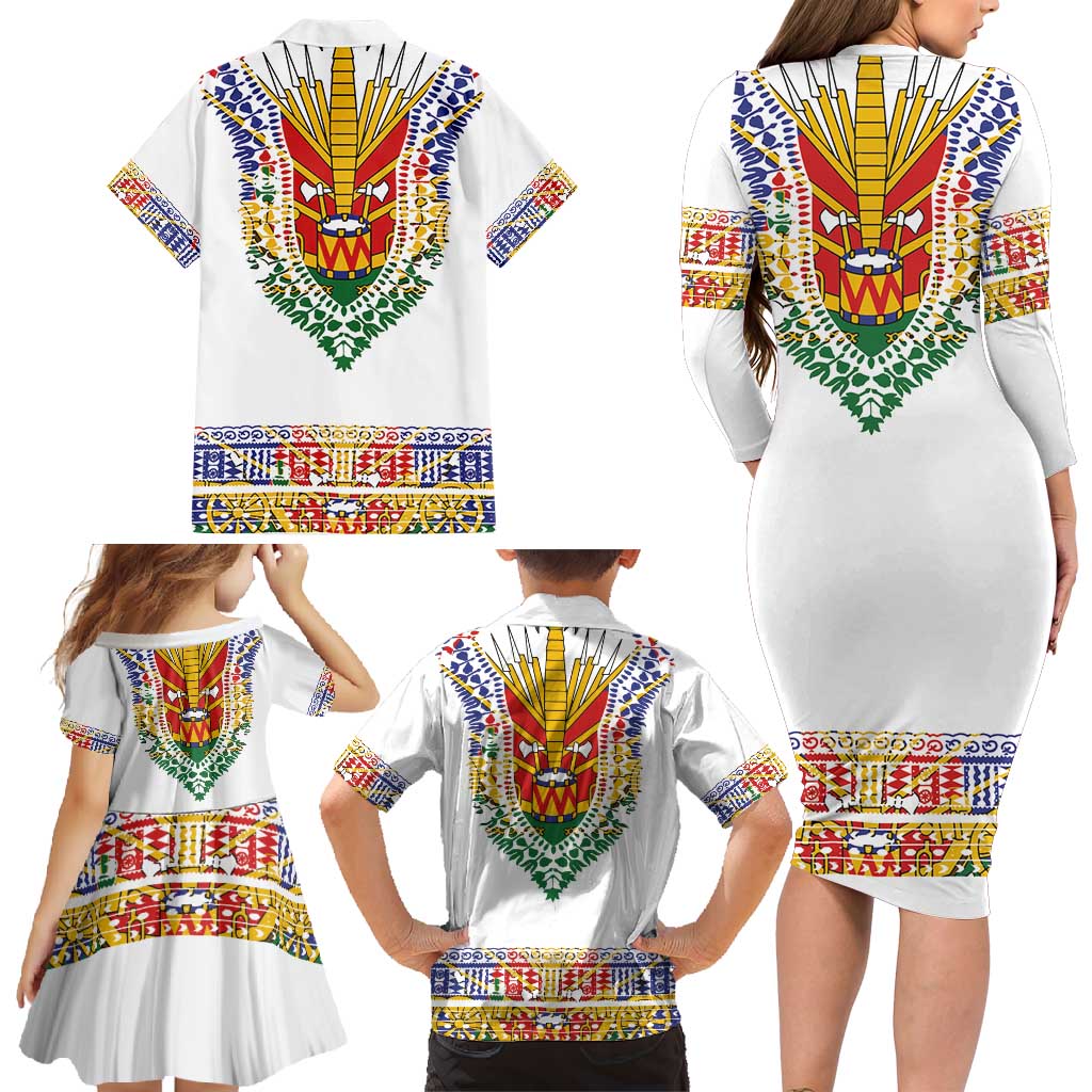 Haiti Flag Traditional Dashiki Family Matching Long Sleeve Bodycon Dress and Hawaiian Shirt White Color - Polynesian Pride